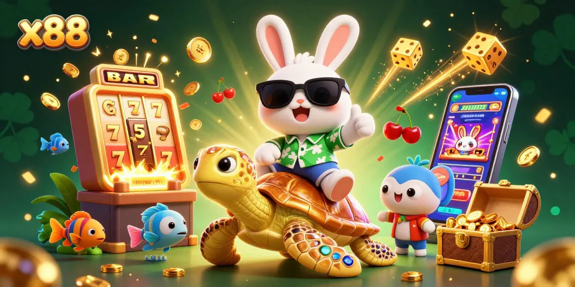 Spin and win at x88 casino with a vibrant cartoon scene of a lucky rabbit and golden turtle.