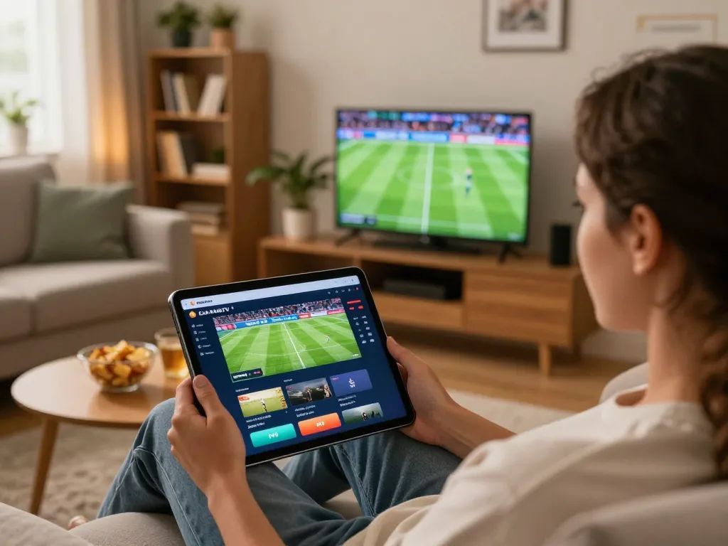 CakhiaTV user engaged in live sports betting on a tablet, showcasing excitement in a cozy environment