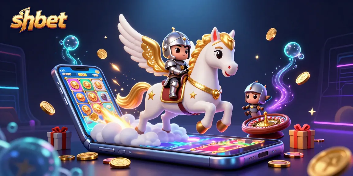 Experience thrilling wins with SHBET's exciting casino gambling illustrated by a celestial knight and golden horse.