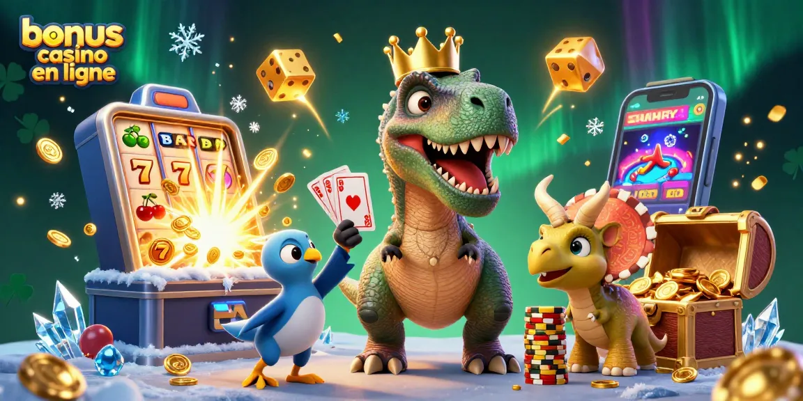 Bonus casino en ligne : T-Rex et amis jouant aux cartes dans une scène ludique.