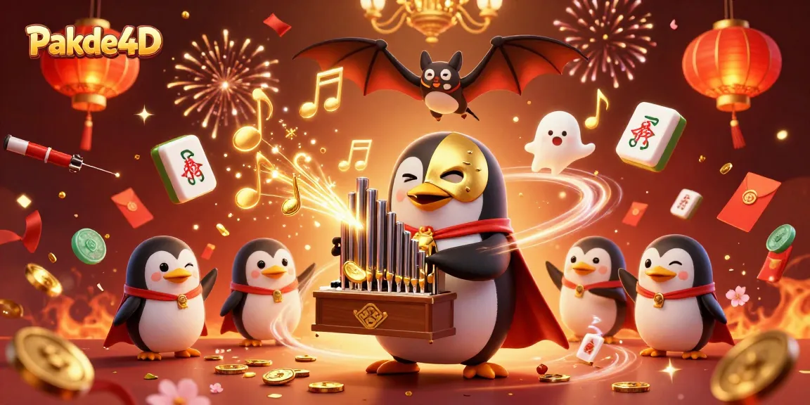 Pakde4D offers exhilarating jackpot chances as a vibrant penguin orchestrates a coin-shooting organ amidst a festive casino scene.