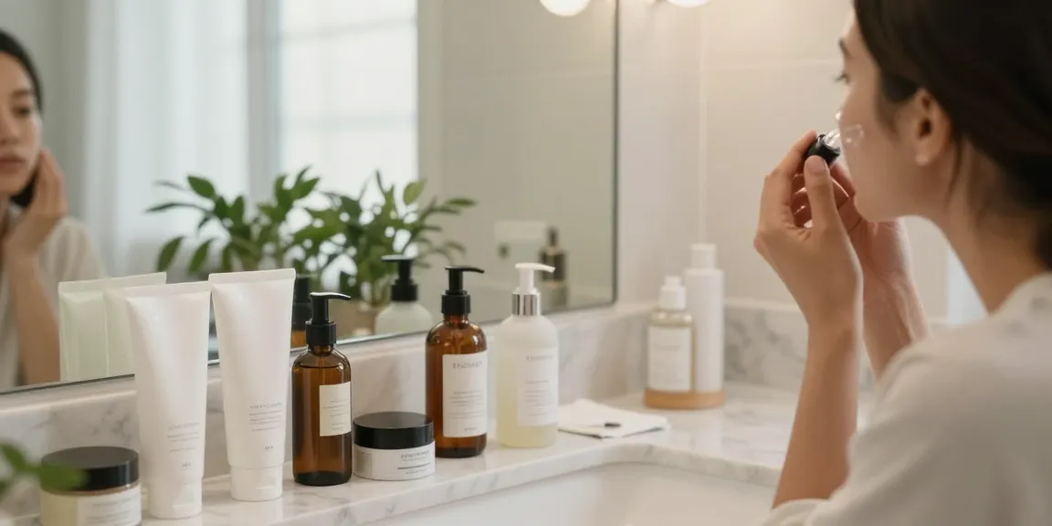 Femeie aplicând produse de îngrijire a pielii într-o baie modernă și luminoasă, cu produse elegante.