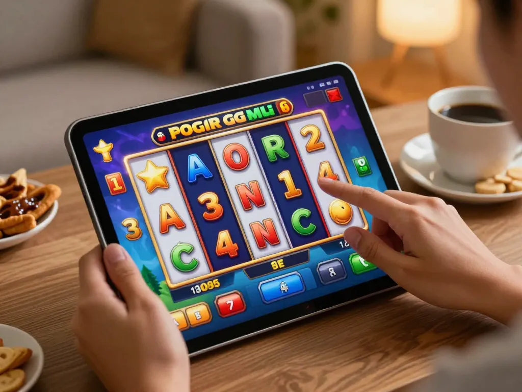 Engaging with a vibrant online slot machine showcasing slot gacor gampang menang potential in a cozy home environment.