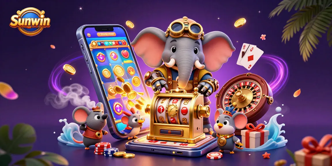 Engage with the dynamic world of Sunwin as a steampunk elephant operates a golden slot machine amidst vibrant casino elements.