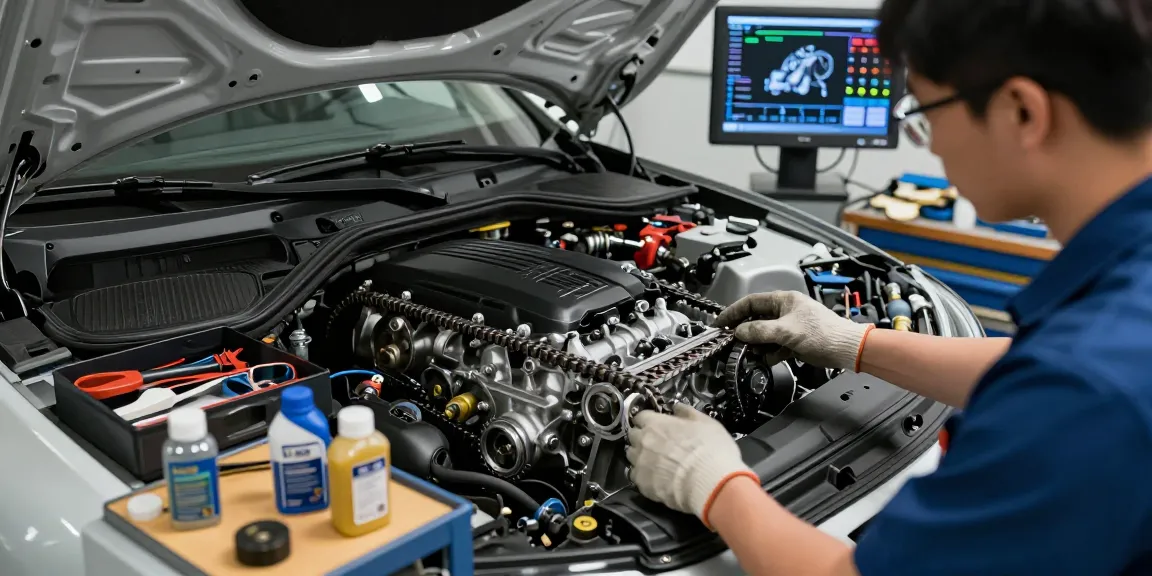 Professioneller Mechaniker überprüft die BMW Steuerkette wechseln in einer modernen Werkstatt.