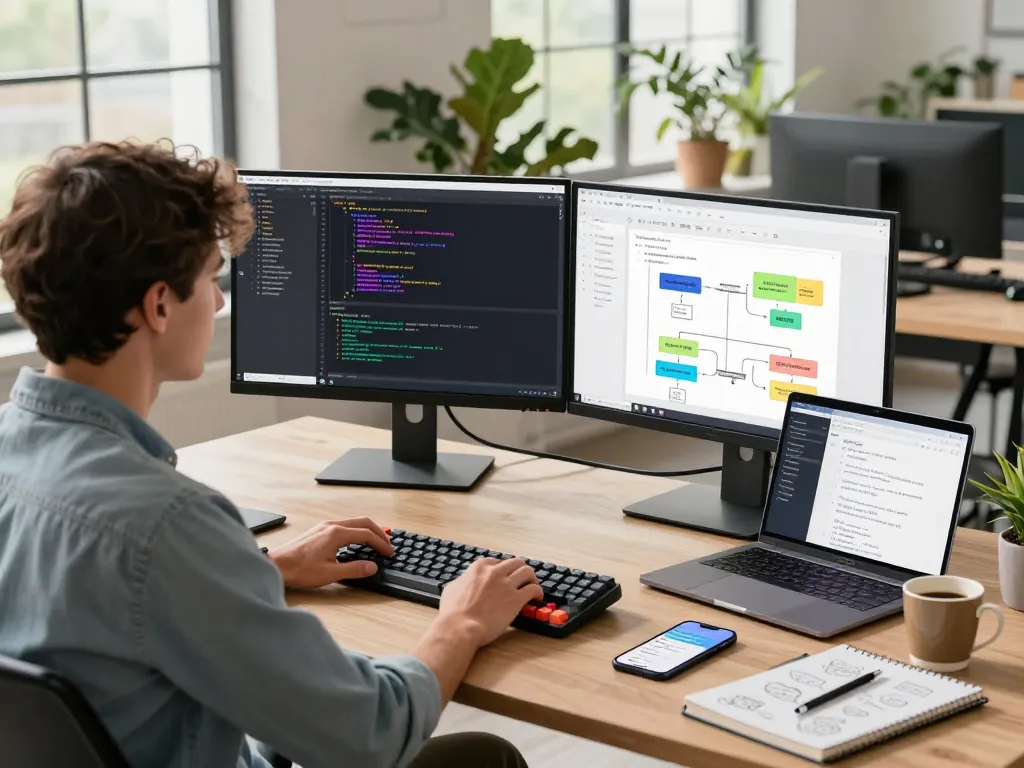 Developer utilizing openclaw in a modern workspace with dual monitors and collaborative tools