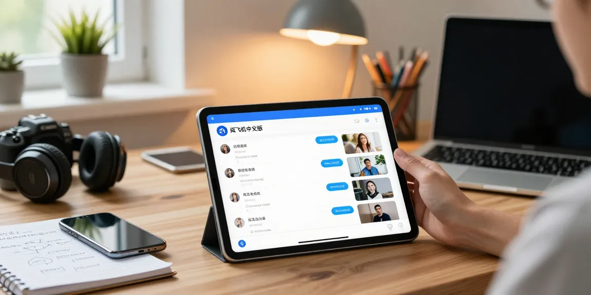 Engaging with the 纸飞机中文版 app in a modern home office setting, showcasing digital communication.