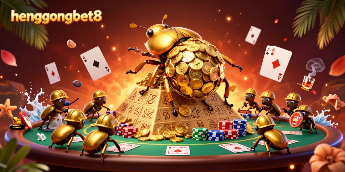 Join the excitement at hengongbet8 with a golden dung beetle rolling coins in a vibrant casino scene.