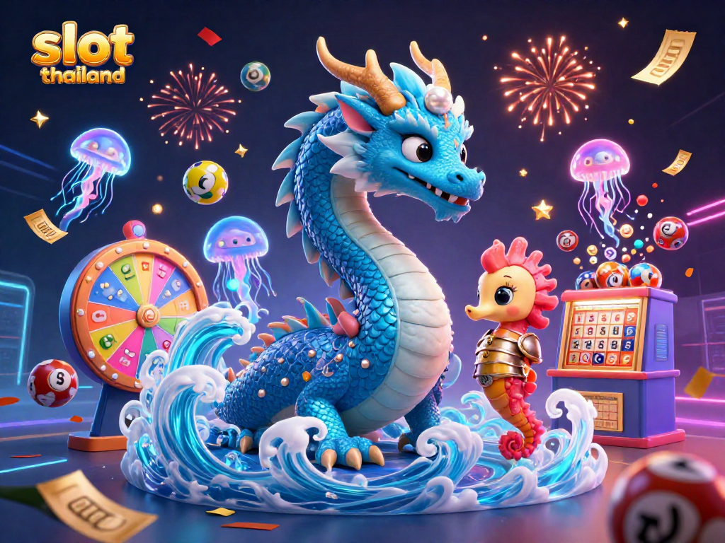 Experience thrilling moments with slot thailand as colorful lottery elements and a mystical dragon come alive.