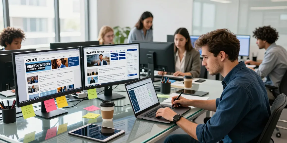 The In Daily newsroom at https://www.theindaily.com with journalists collaborating on breaking news stories in a vibrant environment.
