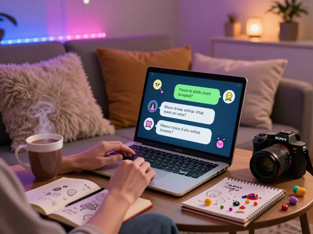 Engaging NSFW AI chat on laptop in cozy digital lounge, playful conversation depicted.