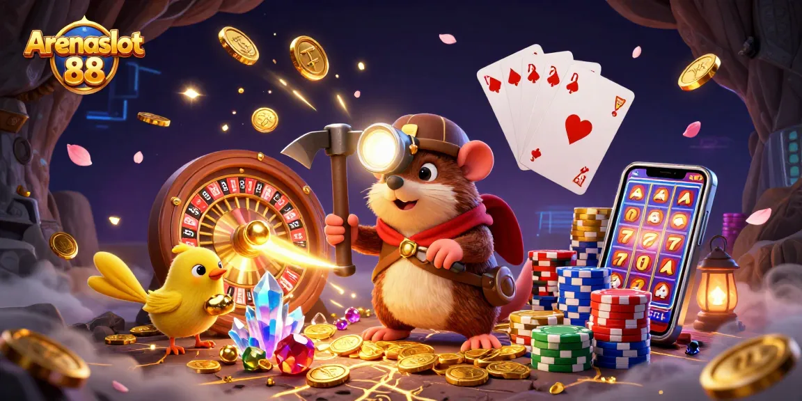 Menangkan dengan Arenaslot 88: ilustrasi digital 3D kasino penuh aksi dan harta karun emas.