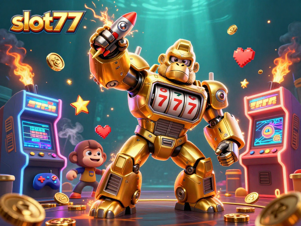 Experience the excitement of slot777 with a dynamic 3D illustration showcasing an animated slot machine gorilla and arcade action.