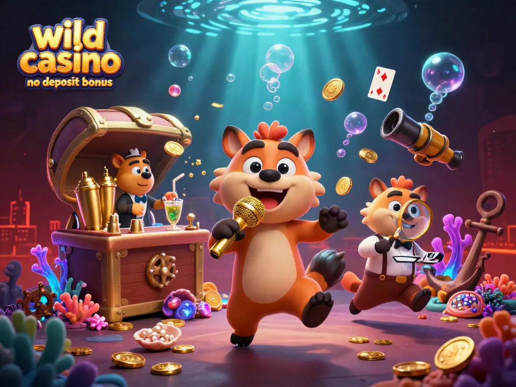 Engage with the latest wild casino no deposit bonus illustrated scene featuring hyena characters in a vibrant casino setting.