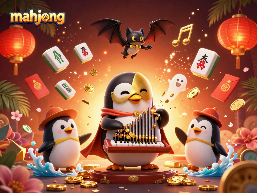 Engage in mahjong excitement with a lively illustration of a penguin organist and floating casino elements.