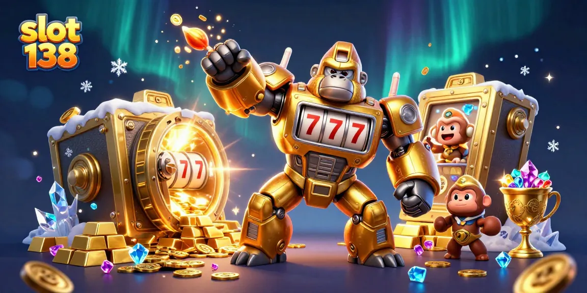 Spin the reels and uncover treasures in slot 138 with golden gorilla mech and piloting monkey.