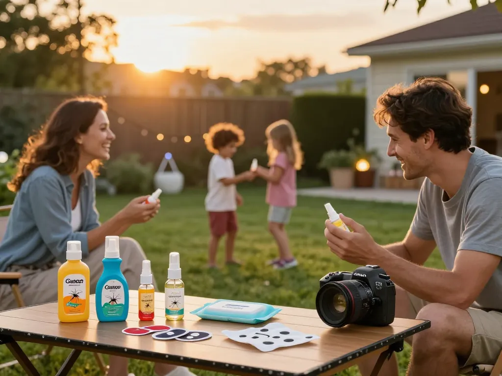 A family using mosquito repellent during an outdoor barbecue, showcasing various repellent products in a warm summer setting.
