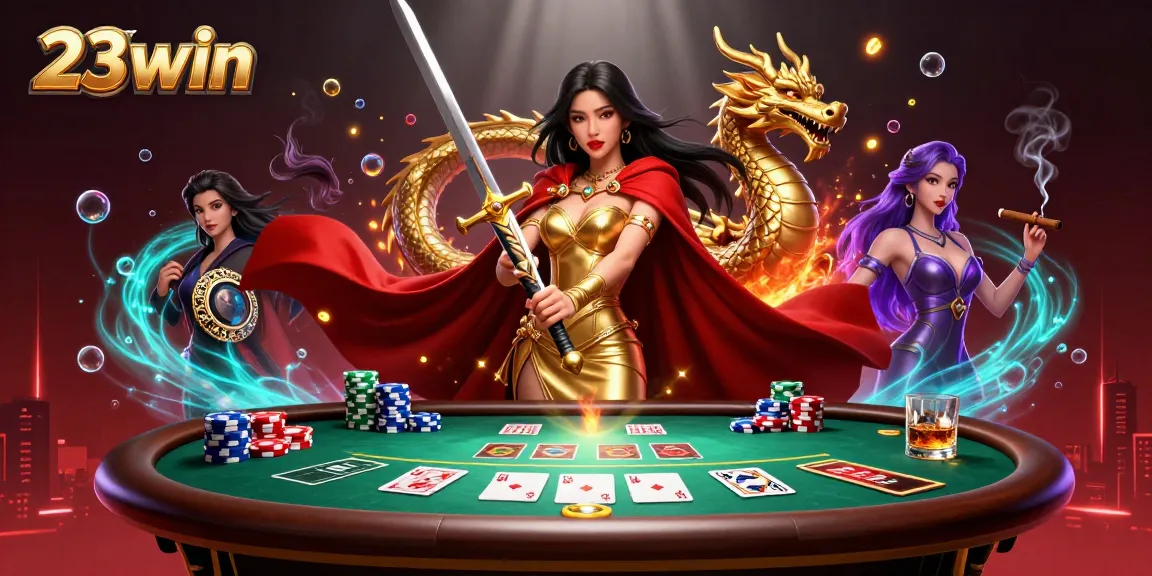 Engage with the vibrant world of 23win as a warrior queen wins at poker amidst dramatic casino elements.