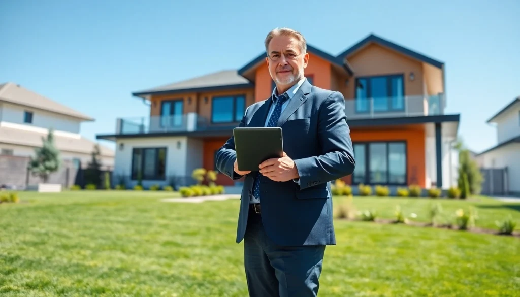 Real Estate agent showcasing homes in front of a modern house, emphasizing professionalism and engagement.