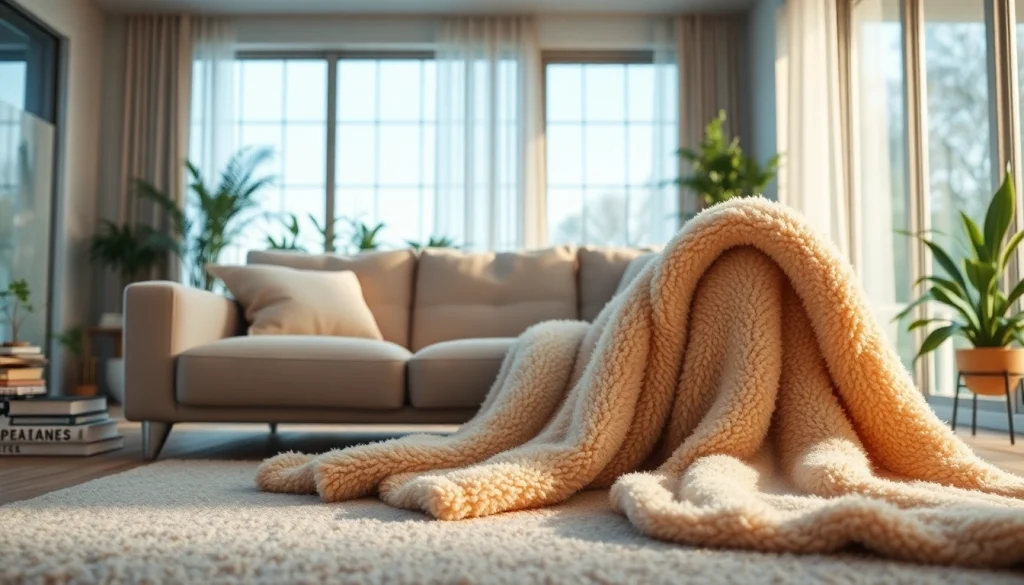 Fleece deken subtiel over een stijlvolle bank in een knusse woonkamer.