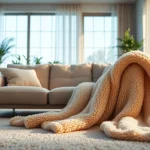 Fleece deken subtiel over een stijlvolle bank in een knusse woonkamer.