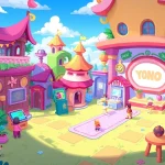 Explore exciting Yono games with colorful characters and engaging landscapes in this vibrant digital illustration.