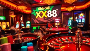 Exciting gambling atmosphere at Nhà cái XX88, showcasing roulette tables, colorful chips, and players enjoying casino games.