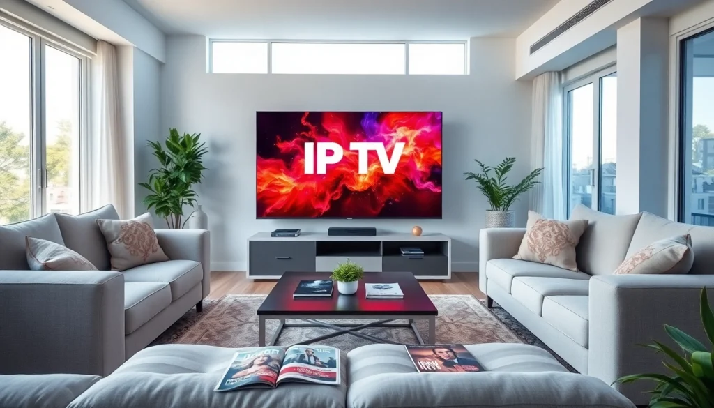 Experience iron IPTV in a modern living room with vibrant content displayed on a sleek TV.