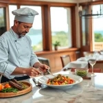 Chef creating a culinary masterpiece as St Martin Private Chef in a luxurious villa kitchen.