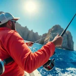 Revealing fishing gear for Cabo used by a fisherman in a bright coastal scene.