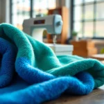 Fleece stoffen uitgestald op een houten tafel met levendige kleuren en zachte textuur.