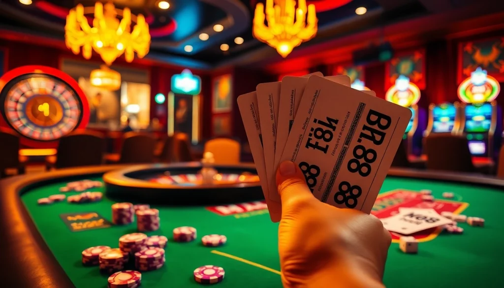 Experience the thrilling ambiance of MM88 with vibrant poker players and dazzling casino elements.