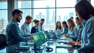 Engaging teamwork showcasing Technology in a modern office with sleek devices and bright atmosphere.