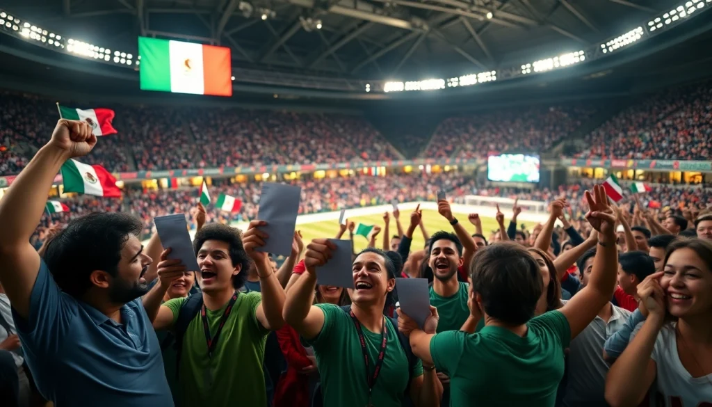 Cheering fans celebrating at the best sports betting sites Mexico event in a lively stadium.