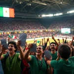 Cheering fans celebrating at the best sports betting sites Mexico event in a lively stadium.