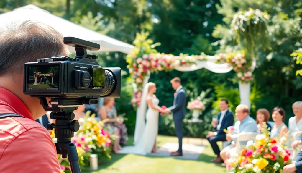 Capture a stunning moment of toronto videography at an outdoor wedding with a professional videographer in action.