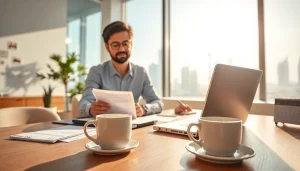 Maid visa renewal Dubai assistance in a professional office with organized documents and a sunny skyline.