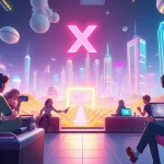 Engaging virtual world illustration themed around Freedom X depicting creativity in gaming.