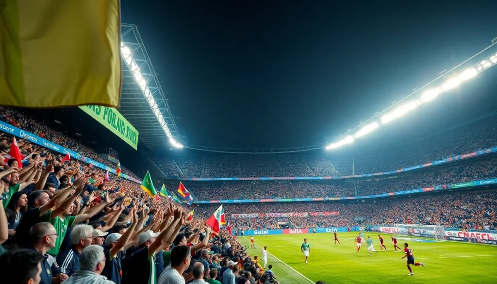 해외축구중계의 열정적인 팬들이 경기장에서 응원하는 장면입니다.