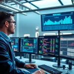 IT technician monitoring systems with Remote Monitoring and Management (RMM) software in a modern office.