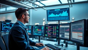 IT technician monitoring systems with Remote Monitoring and Management (RMM) software in a modern office.