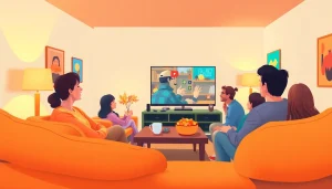 오징어tv를 즐기고 있는 사람들로 가득한 아늑한 거실 풍경