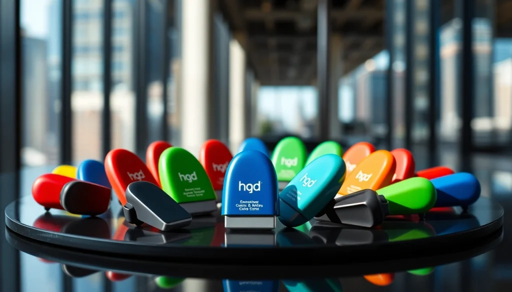 Hqd pods in verschiedenen Geschmacksrichtungen und Farben auf einem eleganten Tisch präsentieren.