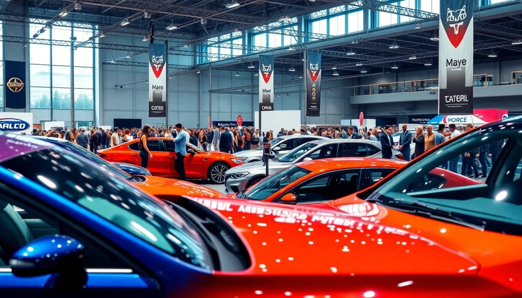 Excited crowd exploring various vehicles at an Auto Cars Show event.