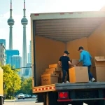 Toronto movers efficiently packing boxes in a lively urban setting, emphasizing teamwork.