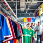 Shop for exciting discount football shirts in a vibrant sports store environment with enthusiastic fans.