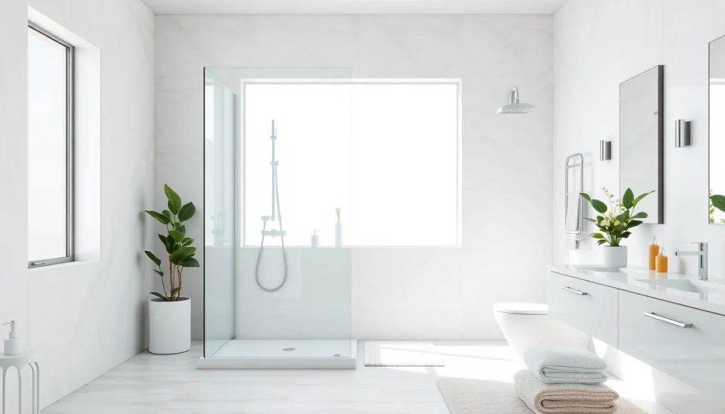 Profitez des Sunny Showers France dans une salle de bain moderne et élégante avec des luminaires chic.
