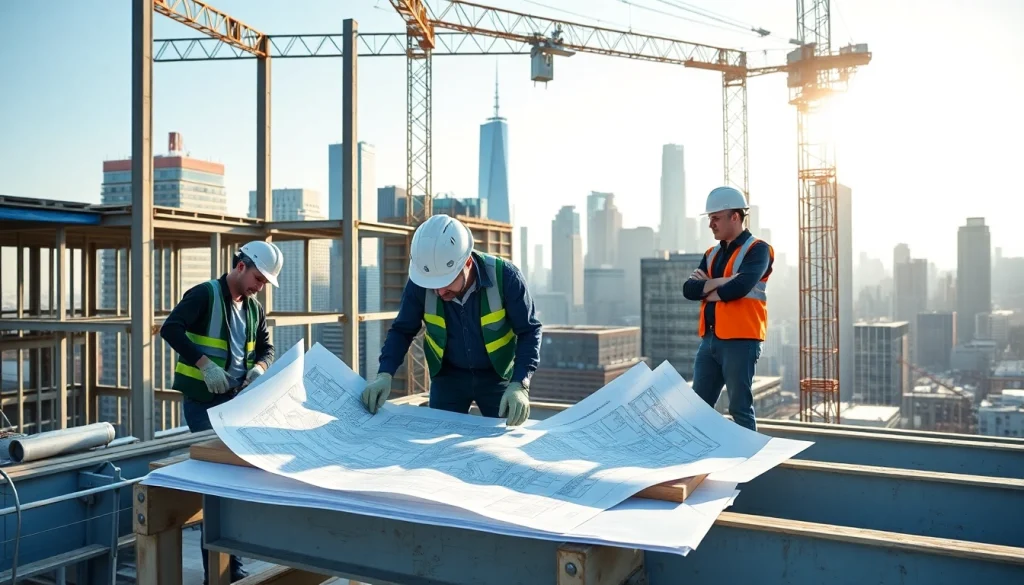 Showcase of Manhattan Commercial General Contractor collaborating at a bustling construction site with the skyline in the background.