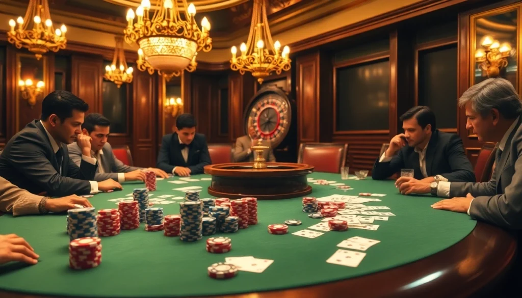 Strategic poker players elevate their gameplay, showcasing "Nếu như vậy bám vào đây" at a luxurious casino table.