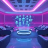 Futuristic lounge designed for innovative ai sex experiences with holographic AI companions.